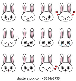 Set of kawaii cartoon bunnies with various emotions