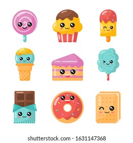 set of kawaii cartoon dessert. sweet candy on white background. vector Illustration.