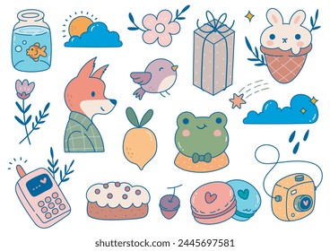 set of kawaii cartoon doodle design elements