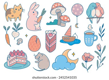 set of kawaii cartoon doodle design elements