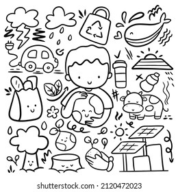 Set of Kawaii Cartoon Ecology Doodle