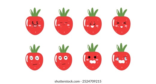 set of kawaii cartoon emoticon strawberry collection