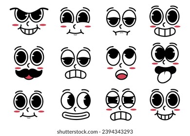 Set of kawaii cartoon faces with different emotions and expressions. Vector illustration in a flat retro style