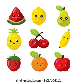 set of kawaii cartoon fruit on white background. vector Illustration.