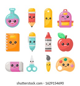 Set Of Kawaii Cartoon School Supplies. Back To School On White Background. Vector Illustration.