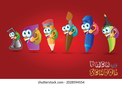 Set Of Kawaii Cartoon School Supplies Back To School Isolated