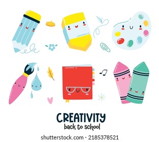 Set of kawaii cartoon school supplies. Back to school vector character on white background