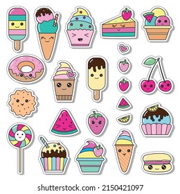 Set of kawaii cartoon style doodle sweety characters. Collection of emoticon face icons candy shop. Hand drawn colorful illustration isolated on white background. Vector