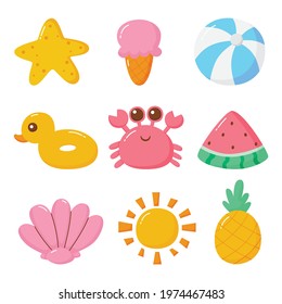 set of kawaii cartoon summer character collection on white background. vector Illustration.