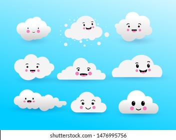 Set of kawaii cartoon white cloud cute. Vector illustration. Isolated on blue background.