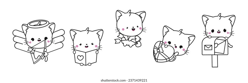 Set of Kawaii Cat Coloring Page Illustrations. Collection of Cute Vector Isolated Kitty Outline Illustrations. Cute Vector Animals in Love for Coloring Book 