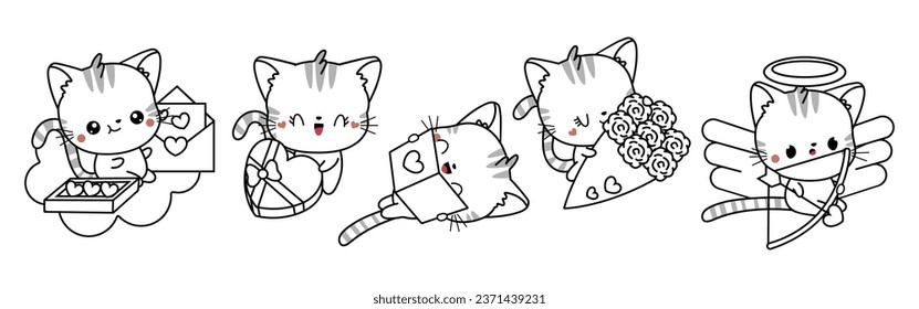 Conjunto de Ilustraciones de la página de color del gato de Kawaii. Colección de Ilustraciones de Contorno de Gatitos Aislados de Vector Cute. Animales con vectores pequeños enamorados del libro de colorear 