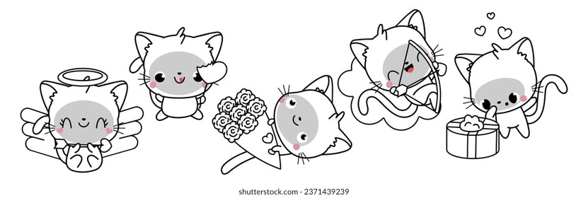 Set of Kawaii Cat Coloring Page Illustrations. Collection of Cute Vector Isolated Kitty Outline Illustrations. Cute Vector Animals in Love for Coloring Book 