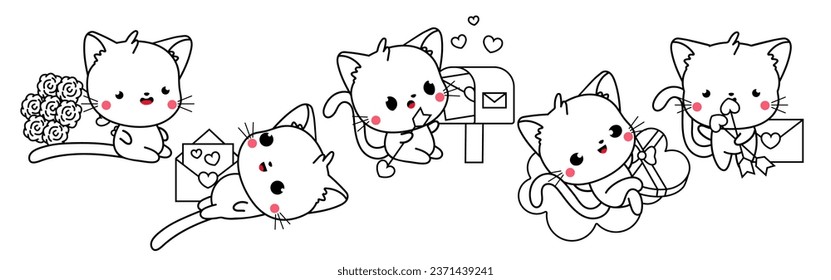 Set of Kawaii Cat Coloring Page Illustrations. Collection of Cute Vector Isolated Kitty Outline Illustrations. Cute Vector Animals in Love for Coloring Book 