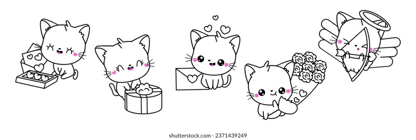 Conjunto de Ilustraciones de la página de color del gato de Kawaii. Colección de Ilustraciones de Contorno de Gatitos Aislados de Vector Cute. Animales con vectores pequeños enamorados del libro de colorear 