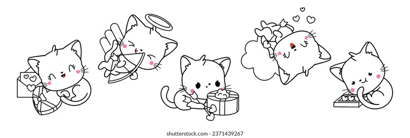 Set of Kawaii Cat Coloring Page Illustrations. Collection of Cute Vector Isolated Kitty Outline Illustrations. Cute Vector Animals in Love for Coloring Book 