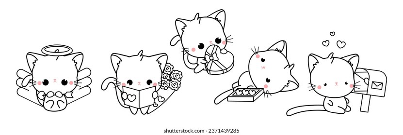 Set of Kawaii Cat Coloring Page Illustrations. Collection of Cute Vector Isolated Kitty Outline Illustrations. Cute Vector Animals in Love for Coloring Book 