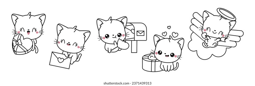 Set of Kawaii Cat Coloring Page Illustrations. Collection of Cute Vector Isolated Kitty Outline Illustrations. Cute Vector Animals in Love for Coloring Book 