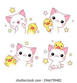 Set of kawaii cat and duckling. Cute little duck and kitten friends are hugging and playing. Vector illustration EPS8