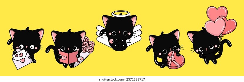 Set of Kawaii Cat Illustrations. Collection of Cute Vector Isolated Kitty Illustrations. Cute Vector Animals in Love 