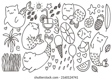 Set of kawaii cat mermaid for summer art, hand drawn, cute, funny, print.