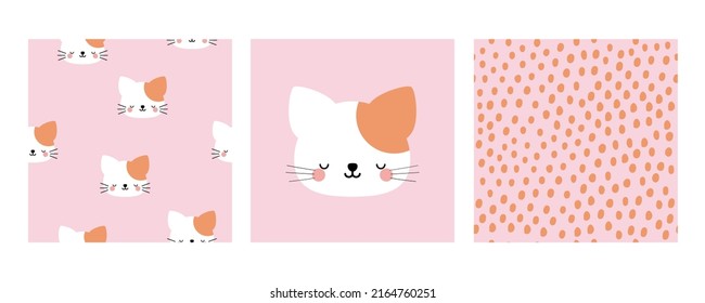 Set of kawaii cat posters, kitty pattern, seamless dots pattern. Prints for children's wallpapers, baby clothes, textiles.