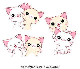 Set of kawaii cats. Two cute kitten friends are hugging and playing. Vector illustration EPS8 

