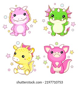 Set von kawaii-Zeichen. Kleine Monster in verschiedenen Posen. Kollektion von lustigem glücklichem Babymonster. Cute Märchensammlung. Vektorgrafik EPS8