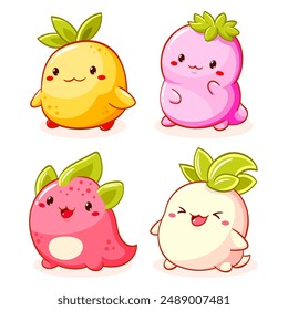 Set of kawaii characters. Little monsters in various poses. Collection of funny happy baby monster. Cute fairytale collection. Vector illustration EPS8