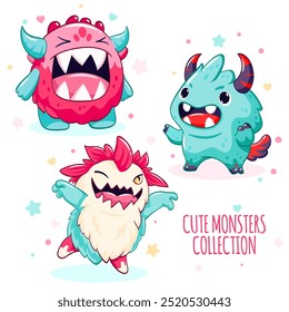 Set of kawaii characters. Little monsters in various poses. Collection of funny happy baby monster. Cute fairytale collection. Vector illustration EPS8