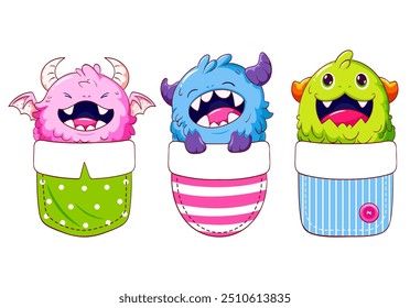 Set of kawaii characters in pocket. Baby collection of little monsters in pockets. Kit of childish print with of cute baby dragon. Can be used for t-shirt, sticker, greeting card design. Vector EPS8