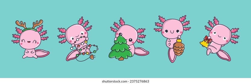 Set of Kawaii Christmas Axolotl. Collection of Cute Vector Xmas Salamander Illustrations for Stickers. 