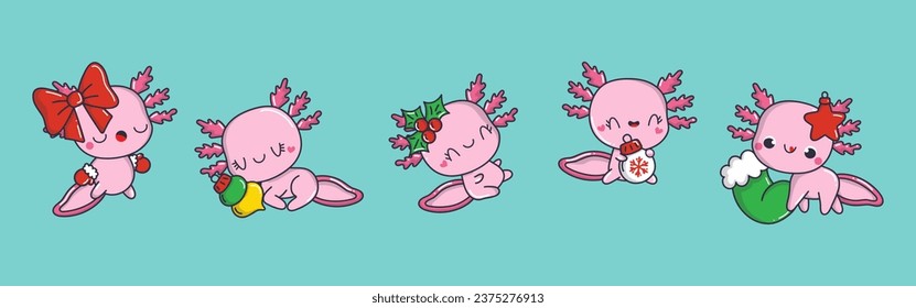 Set of Kawaii Christmas Axolotl. Collection of Cute Vector Xmas Salamander Illustrations for Stickers. 