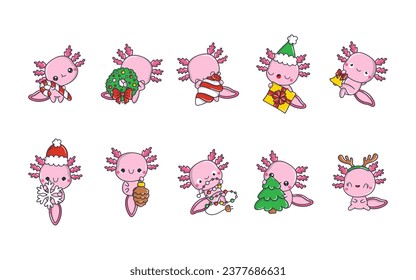 Juego de Kawaii Christmas Axolotl. Colección de Ilustraciones de Vector Cute Xmas Salamander para Pegatinas. 