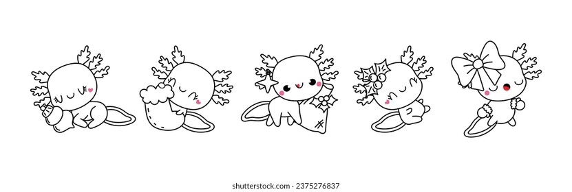 Set of Kawaii Christmas Axolotl Coloring Page. Collection of Cute Vector Christmas Animal Outline. 