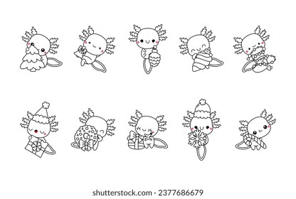 Set of Kawaii Christmas Axolotl Coloring Page. Collection of Cute Vector Christmas Animal Outline. 