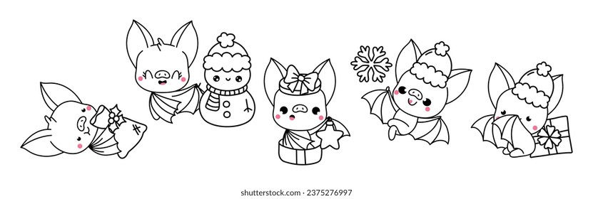 Set of Kawaii Christmas Bat Coloring Page. Collection of Cute Vector Christmas Animals Outline. 