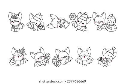 Set of Kawaii Christmas Bat Coloring Page. Collection of Cute Vector Christmas Animals Outline. 