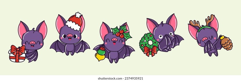 Set of Kawaii Christmas Bat Vector. Collection of Cute Vector Xmas Animals Illustrations for Stickers. 