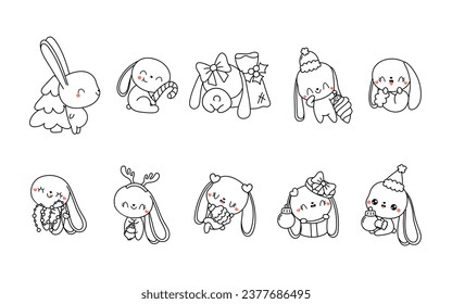 Set of Kawaii Christmas Bunny Coloring Page. Collection of Cute Vector Christmas Hare Outline. 