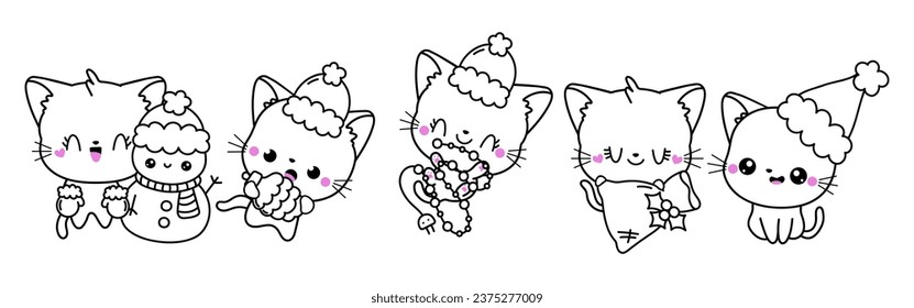 Set of Kawaii Christmas Cat Coloring Page. Collection of Cute Vector Christmas Animal Outline. 