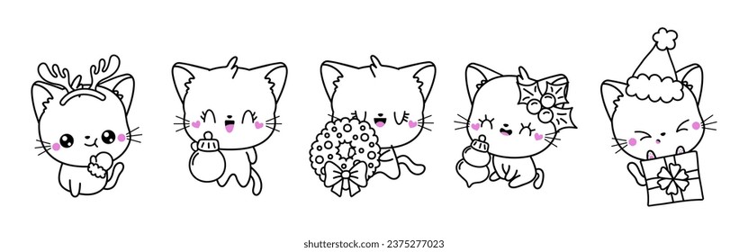 Set of Kawaii Christmas Cat Coloring Page. Collection of Cute Vector Christmas Animal Outline. 
