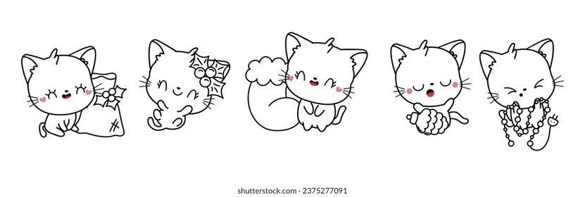 Set of Kawaii Christmas Cat Coloring Page. Collection of Cute Vector Christmas Animal Outline. 