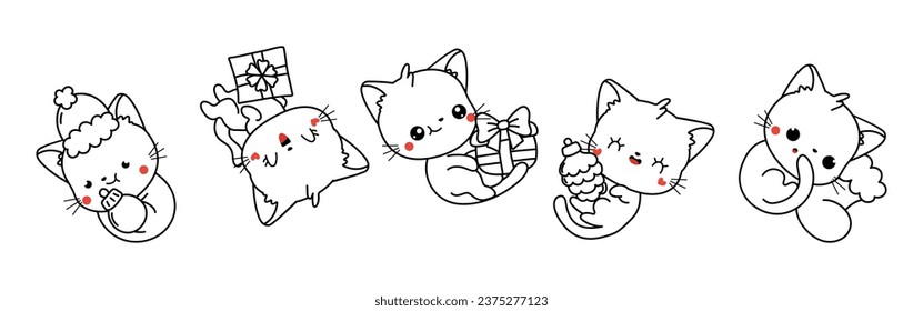 Set of Kawaii Christmas Cat Coloring Page. Collection of Cute Vector Christmas Kitten Outline. 
