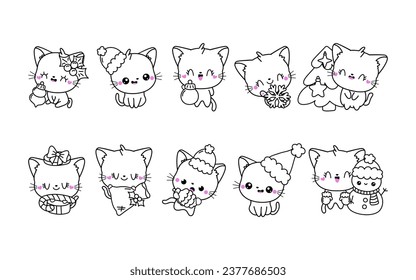 Set of Kawaii Christmas Cat Coloring Page. Collection of Cute Vector Christmas Animal Outline. 