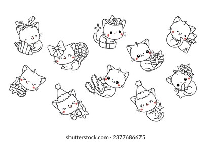 Set of Kawaii Christmas Cat Coloring Page. Collection of Cute Vector Christmas Kitten Outline. 