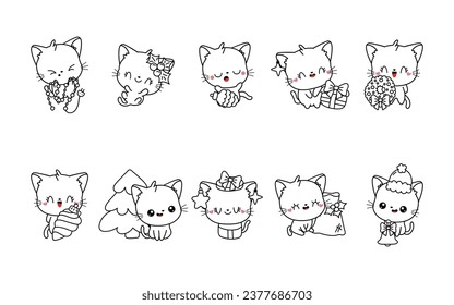 Set of Kawaii Christmas Cat Coloring Page. Collection of Cute Vector Christmas Animal Outline. 
