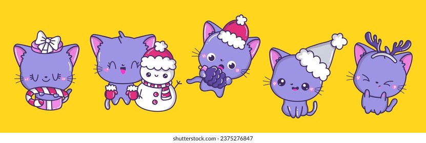 Set of Kawaii Christmas Cat Vector. Collection of Cute Vector Xmas Animal Illustrations for Stickers. 