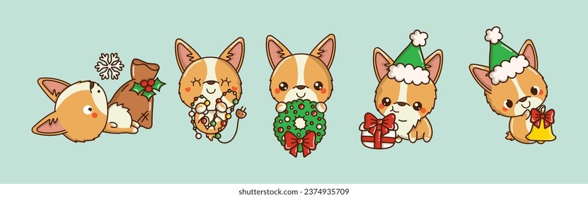 Set of Kawaii Christmas Corgi Dog Vector. Collection of Cute Vector Xmas Puppy Illustrations for Stickers. 