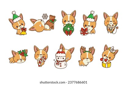 Set of Kawaii Christmas Corgi Dog Vector. Collection of Cute Vector Xmas Puppy Illustrations for Stickers. 